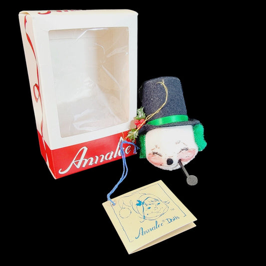 Annalee 1983 Snowman Head Mobilitee Doll Ornament Pipe Holly Trim A Tree New BOX