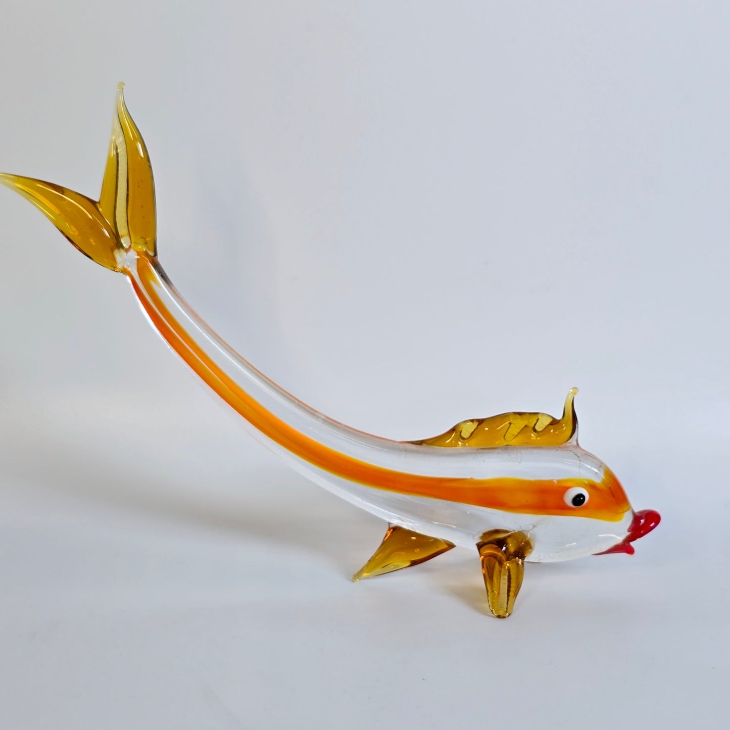 Set of 2 Handblown Art Glass Fish, Orange Stripe, Stretch Glass Fish