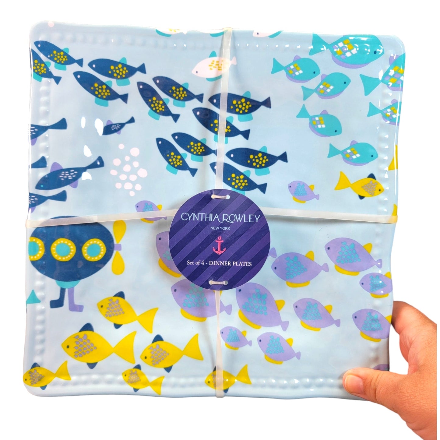 NEW Cynthia Rowley Large 11" Square Melamine Plates Set of 4, Blue Submarine School of Fish