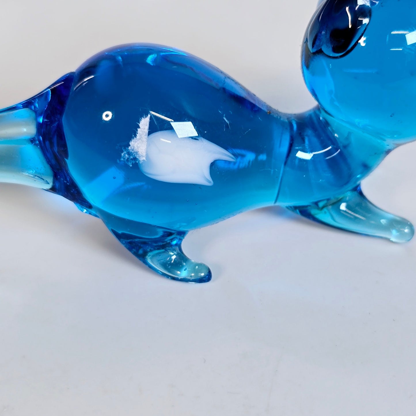 Handblown Blue Art Glass Cat, Laying Down, Blue Stretch Glass Cat