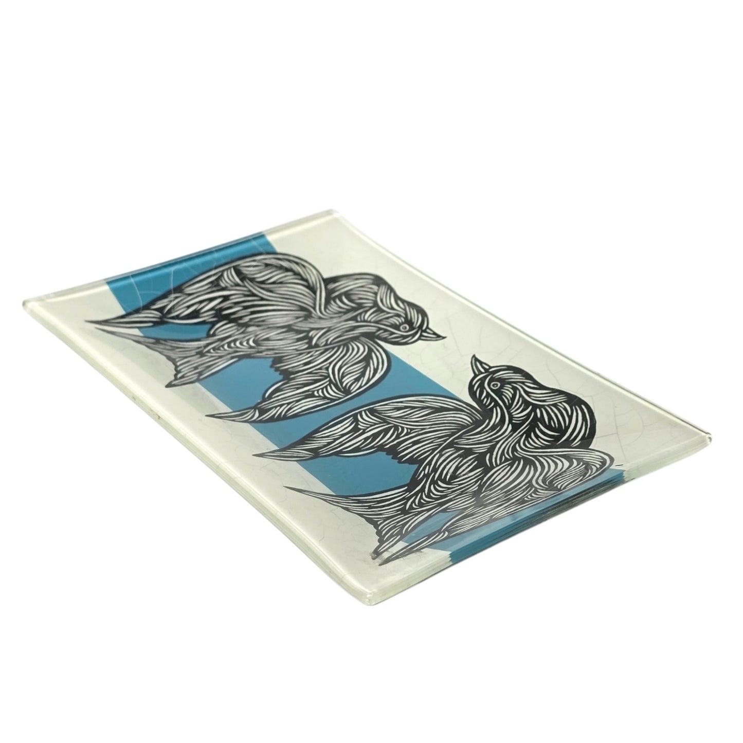 PATCH NYC x West Elm Bird Trinket Dish Reverse Painted Glass Blue White MCM READ