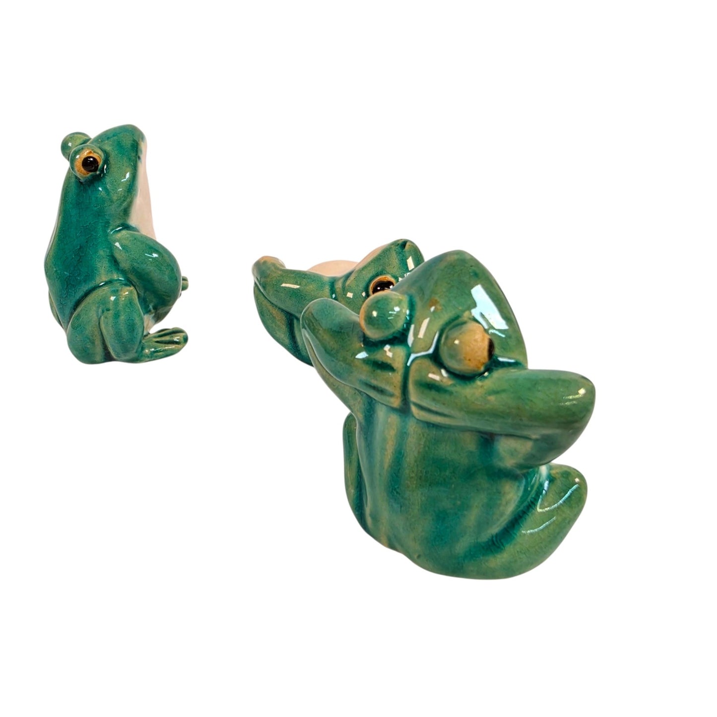 Vtg Ceramic Frog Figurines Lounging Set of 3 Whimsical Anthropomorphic MCM Decor