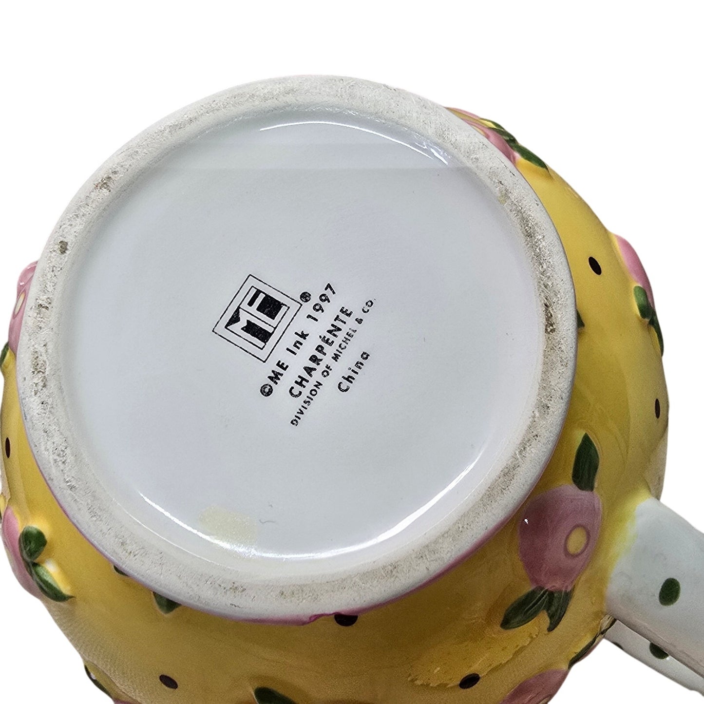 AS IS VTG 1997 ME Mary Engelbreit Ceramic Teapot, Yellow Pink Flower 8”, Flaw