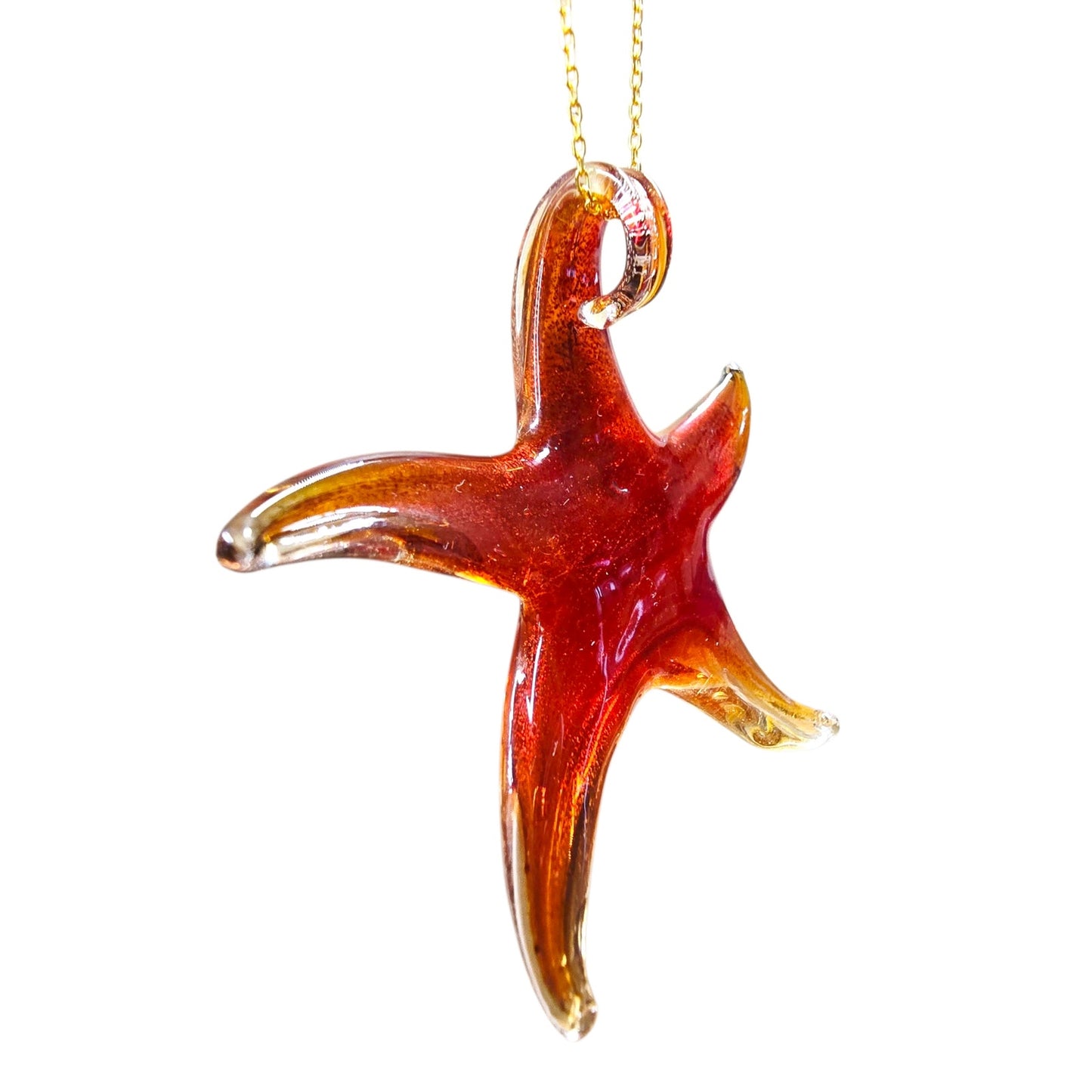 Murano Style Glass Starfish Pendant Necklace Gold Over 925 Sterling Italy Ocean