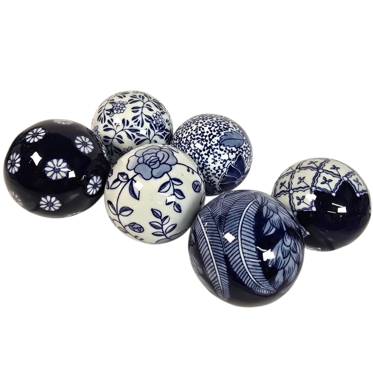 Blue and White Ceramic Decorative Orbs Set of 6 Chinoiserie Style Home Decor