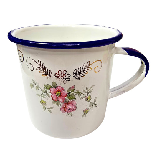 Vintage TrEs Enamel Metal Mug Marca Monterrey Mexico Flowers Rose Cup Cottage