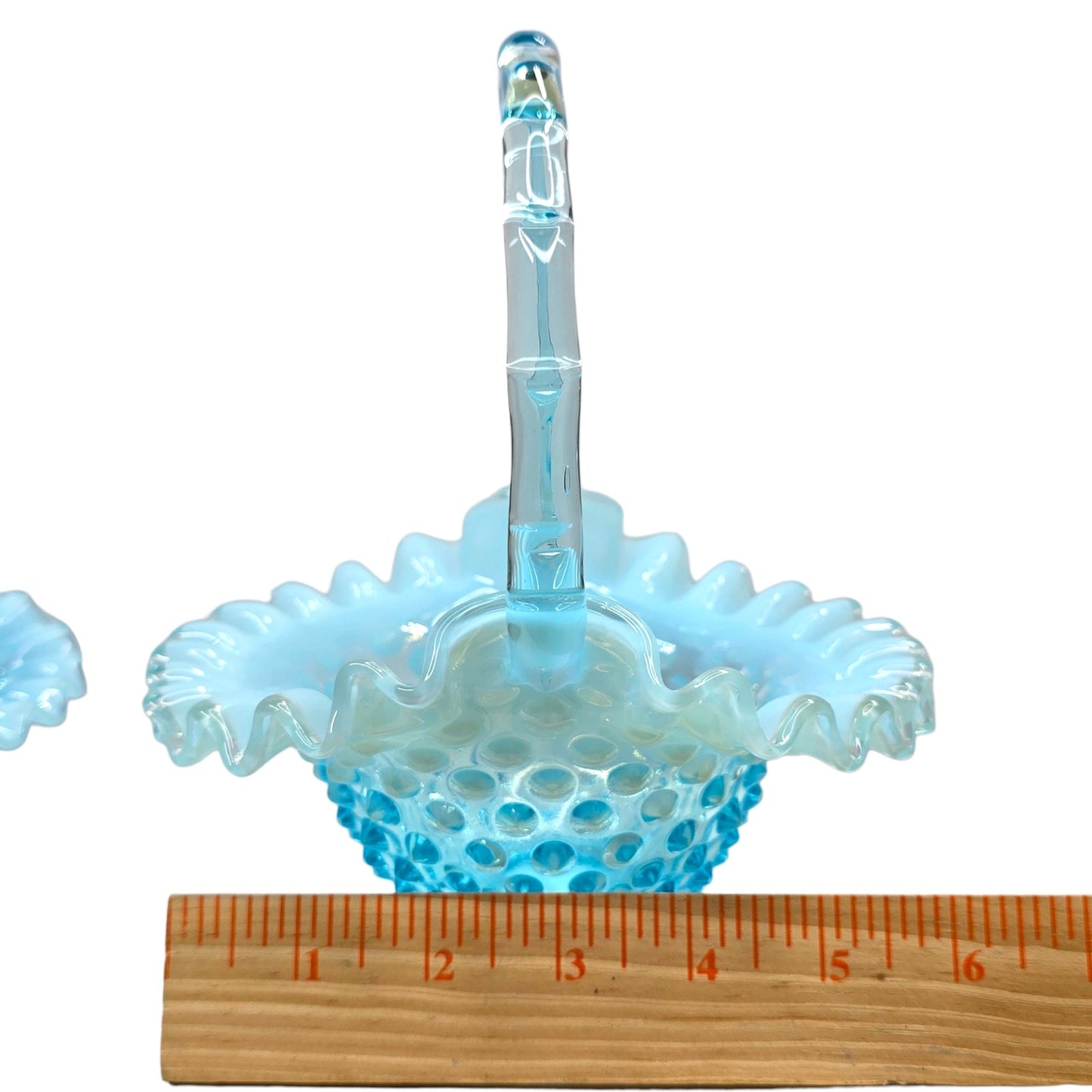 Fenton Blue Opalescent Hobnail Basket Set Uranium Reactive Ruffled Glass Pair