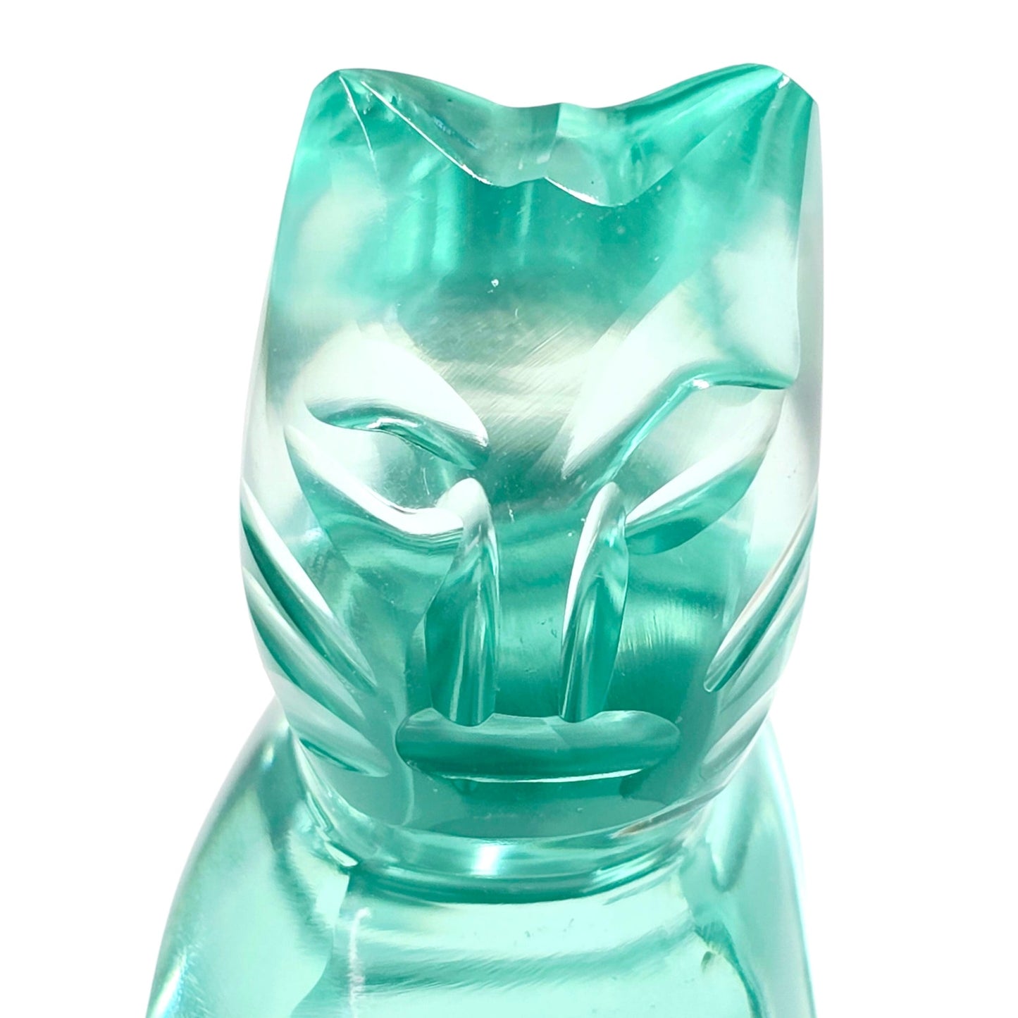 Art Glass Cat Figurine Teal Aqua Modernist Style Polished Finish 2.25"