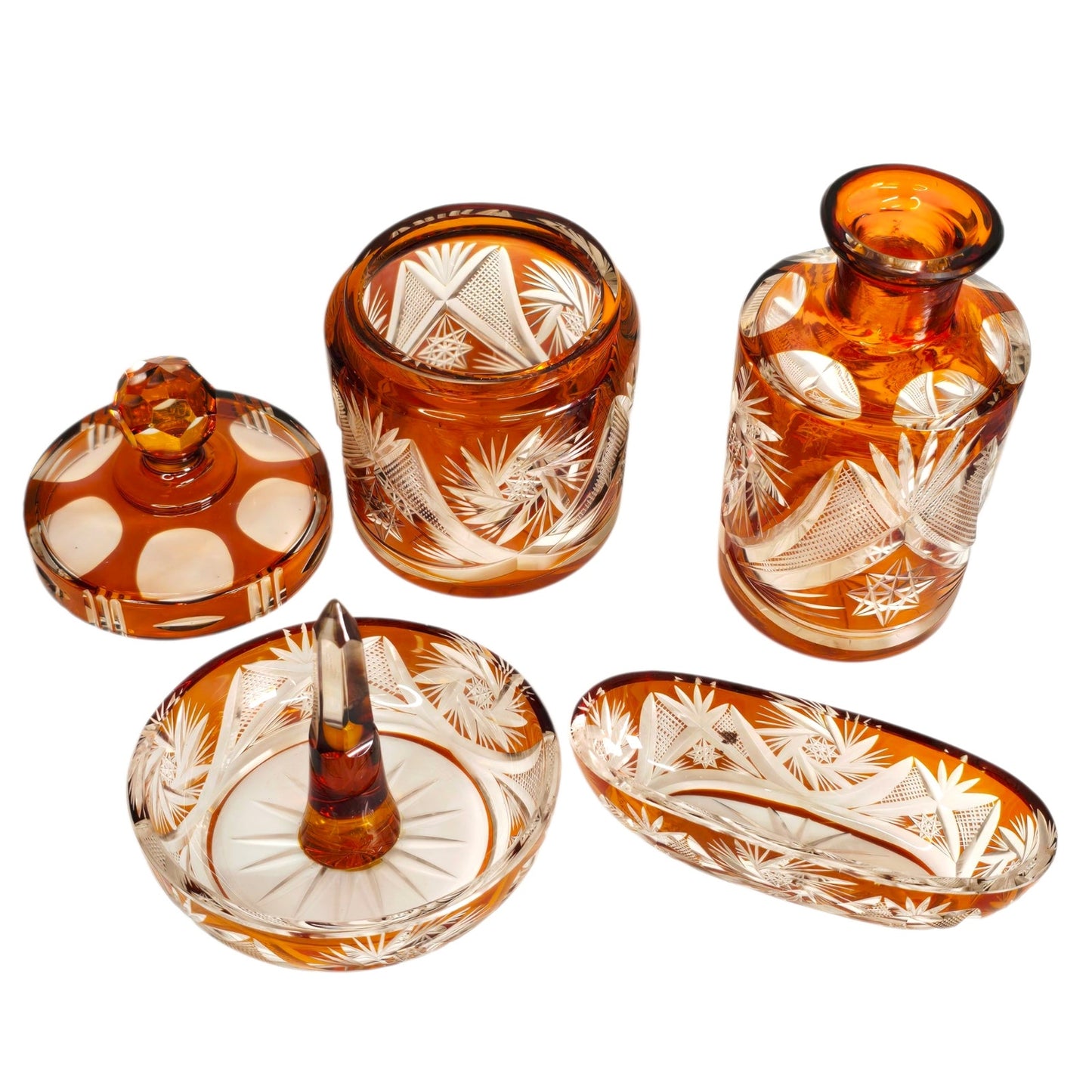 Vtg Amber Bohemian Cut Glass Vanity Set 5‑Piece Jewelry Dresser Set Orange-Brown