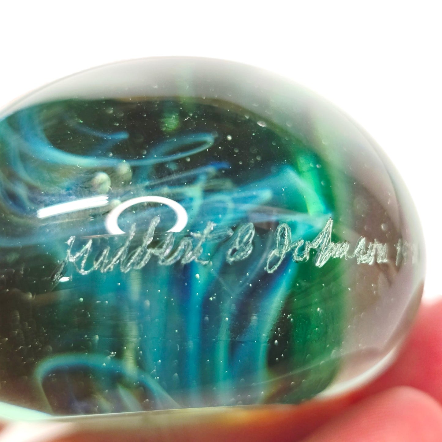 Signed Gilbert C. Johnson 1991 Art Glass Heart Paperweight Blue Green Vortex