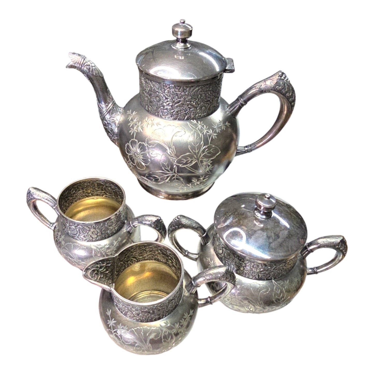 EG Webster & Son NY Tea Set, Quadruple Silver Plated, Hand White Metal