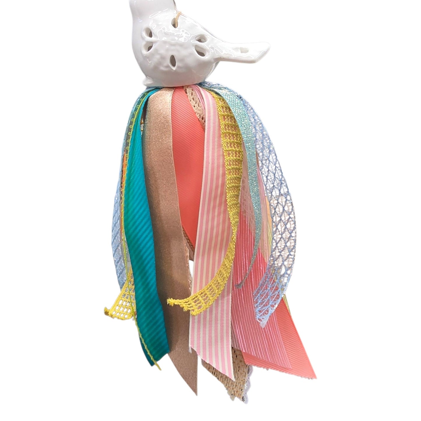 Ceramic Bird Tassel | Upcycled Ceramic Figurine Hanging Ribbon Decor Boho Farmhouse