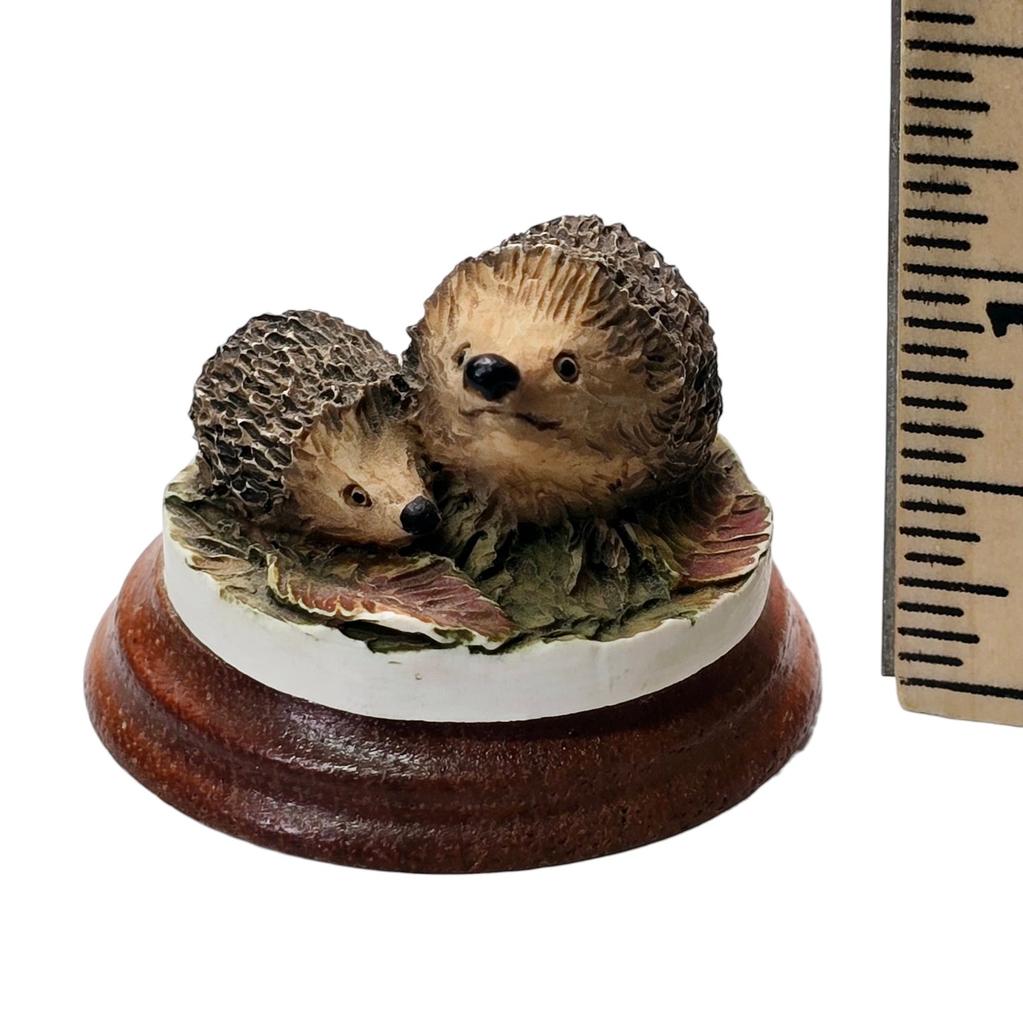 Cute Cuddly Tiny Hedgehogs Figurine on Wood Base, 1.5" w