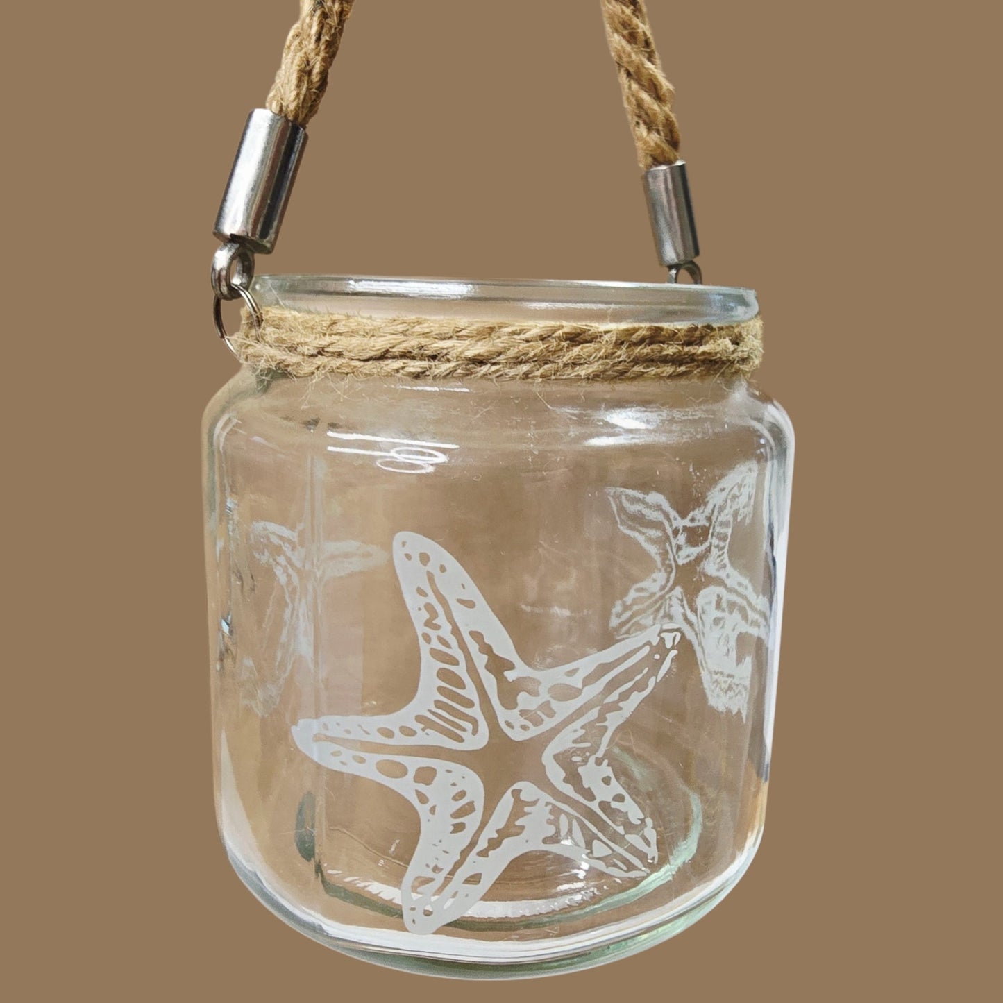 Coastal Hanging Etched Glass Starfish Tealight Candle Holder Nautical Rope Votive Jar