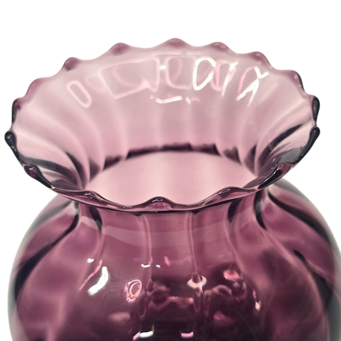 Amethyst Glass Vase UV Reactive Manganese Optic Ribbed Ruffled 3.5" Vintage