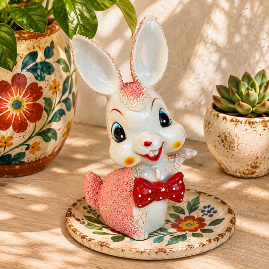 Vintage Arnart Pink Anthropomorphic Bunny Figurine Spaghetti Trim Kitschy Decor