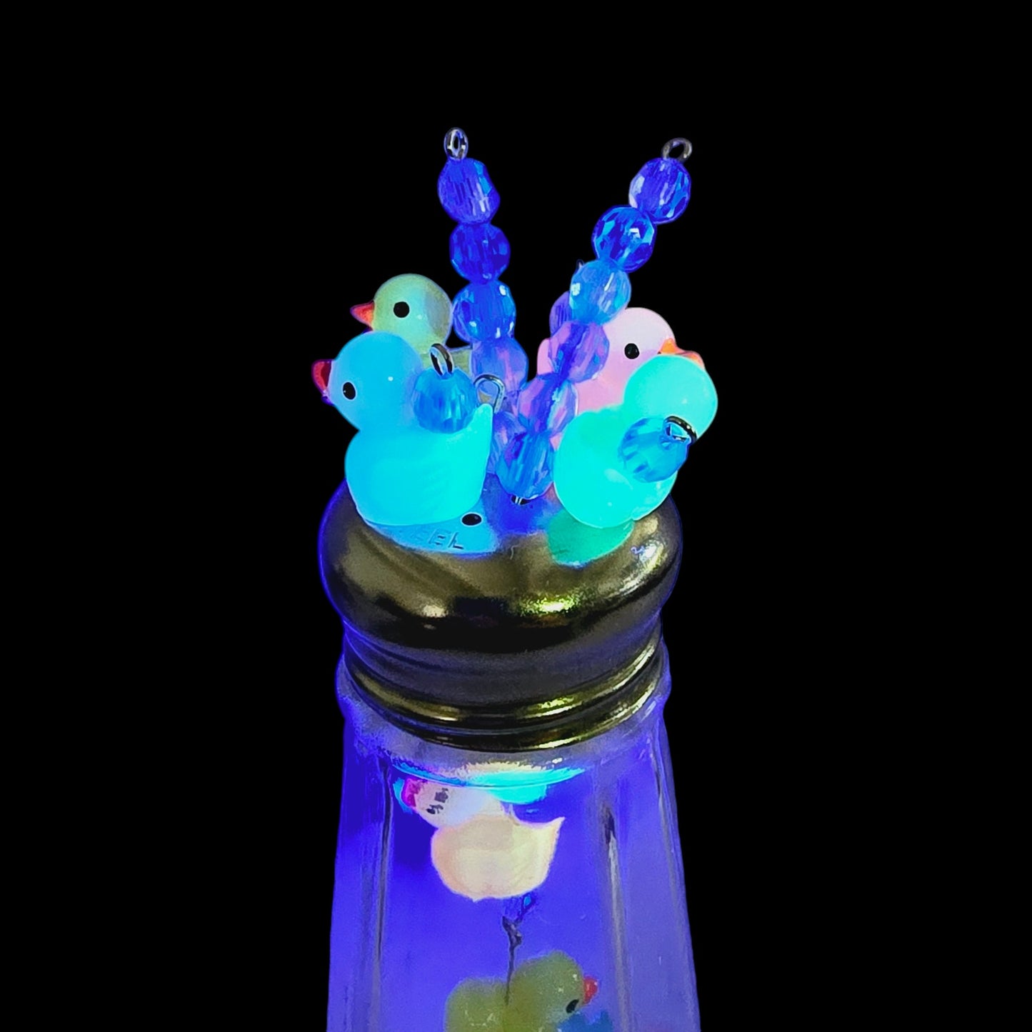 Glowy Ducks Salt Shaker Display Art Piece, Glowy Ducks in Glass Shaker Jar, 6" H with Pins