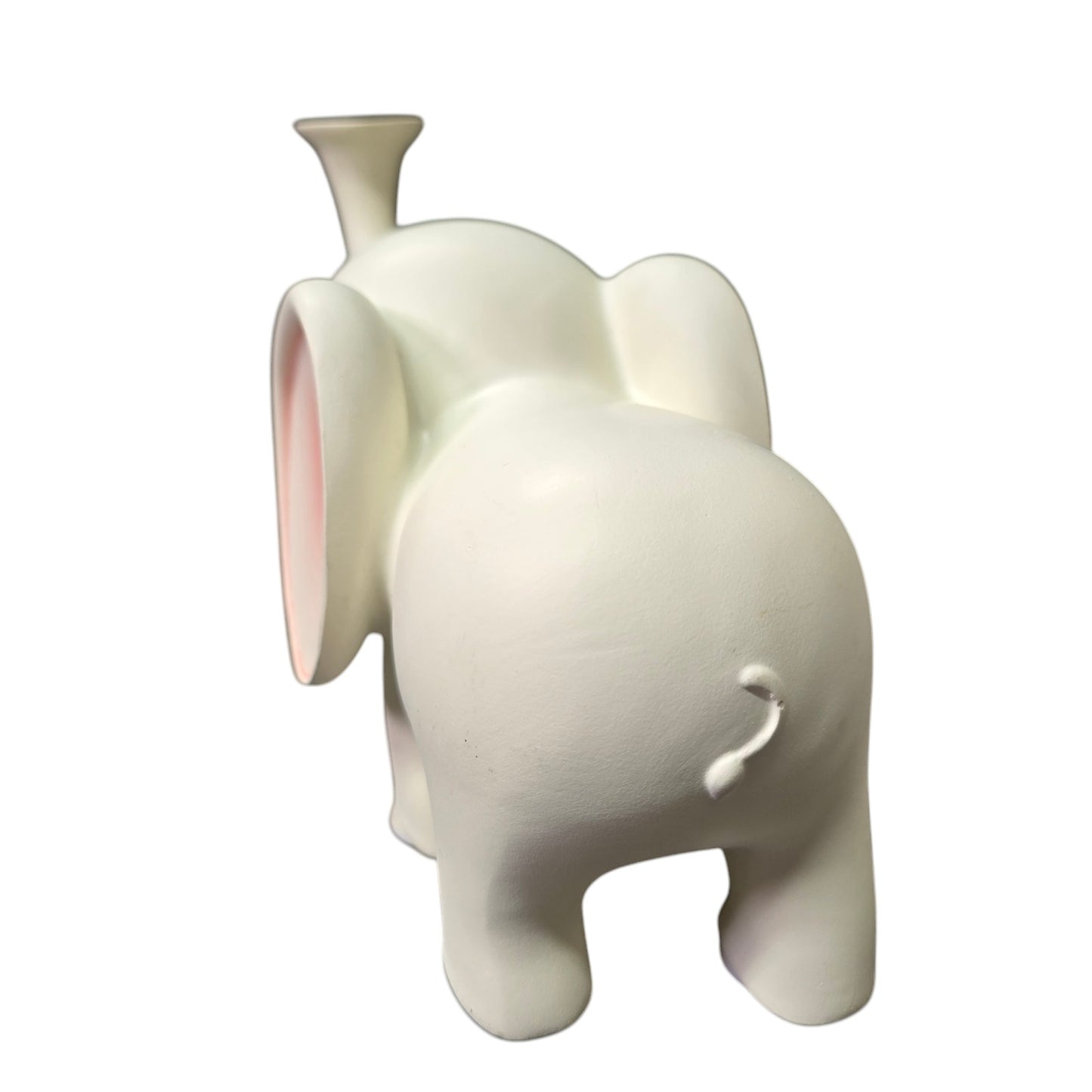 Smooth Satin Ceramic Elephant Figurine, Trunk Up  White and Pink Elephant