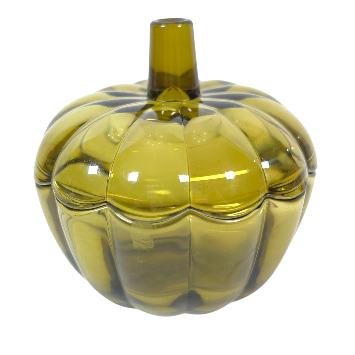 Olive Green Glass Pumpkin Jar with Lid Decorative Fall Trinket Container