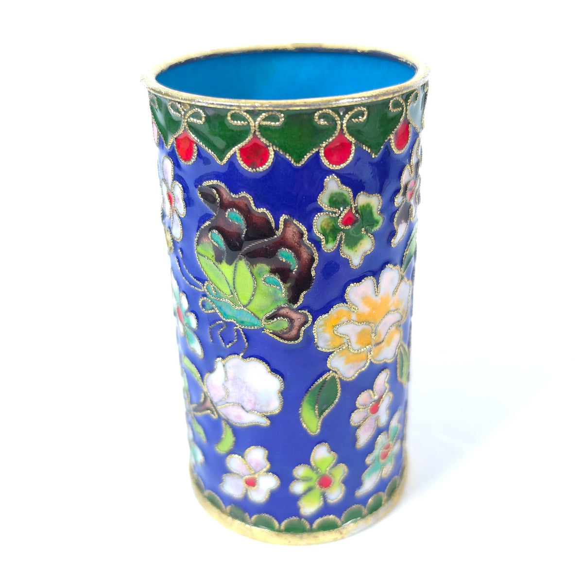 Cloisonne Enamel Pencil Brush Holder Blue Floral Butterfly Tumbler 4.25"