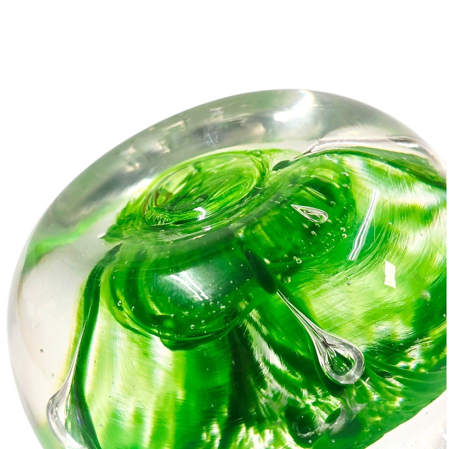 Hand-Blown Art Glass Paperweight, Green Flower Swirl AS IS Imperfection