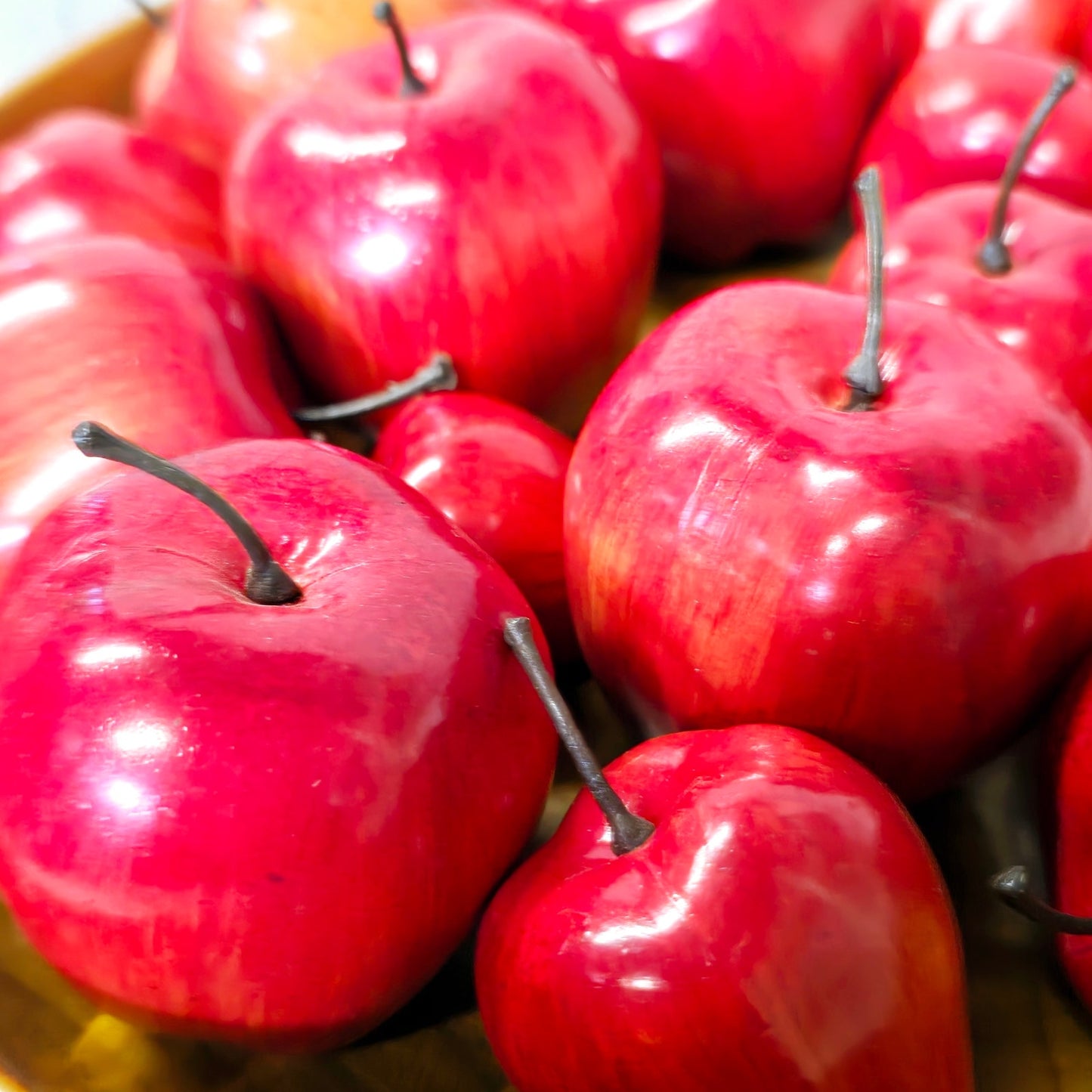 Large Vintage Shallow Bowl Filled With Vibrant Red Apples in Various Sizes