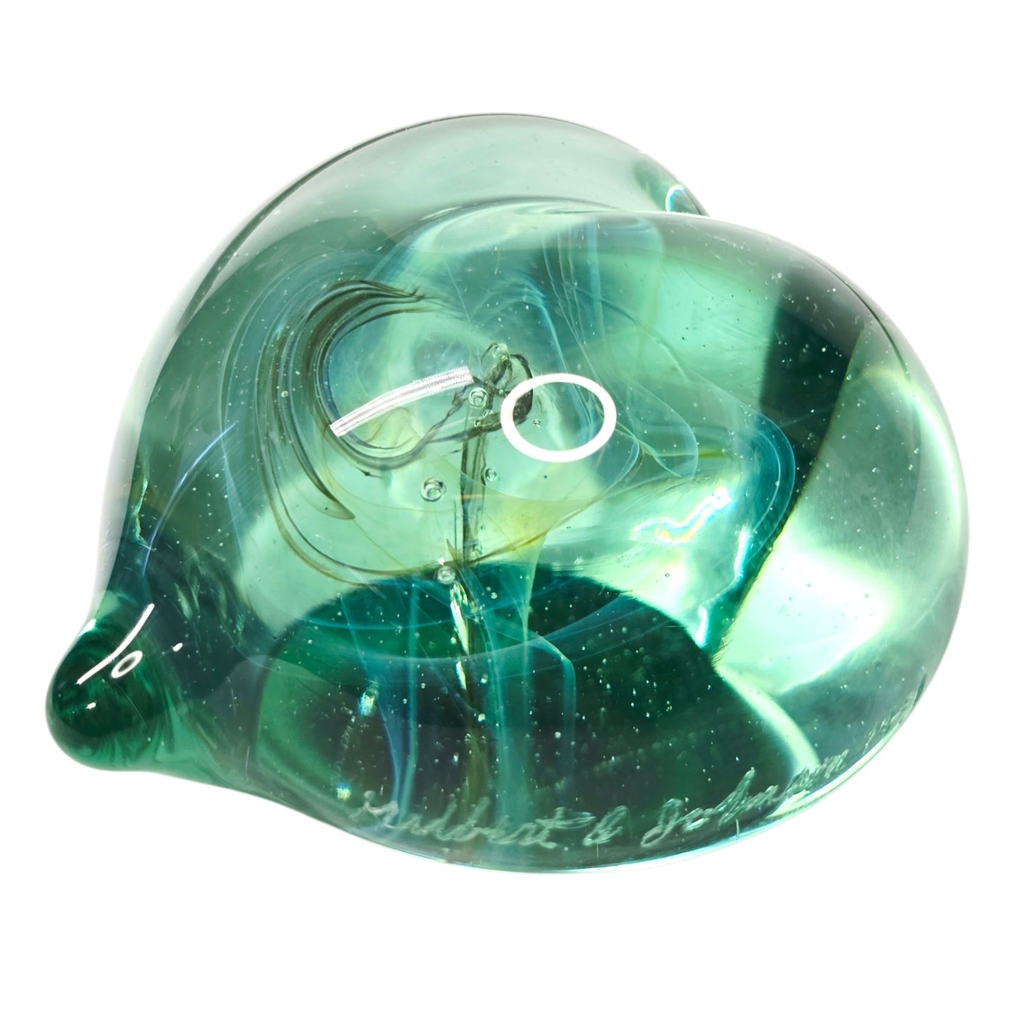 Signed Gilbert C. Johnson 1991 Art Glass Heart Paperweight Blue Green Vortex