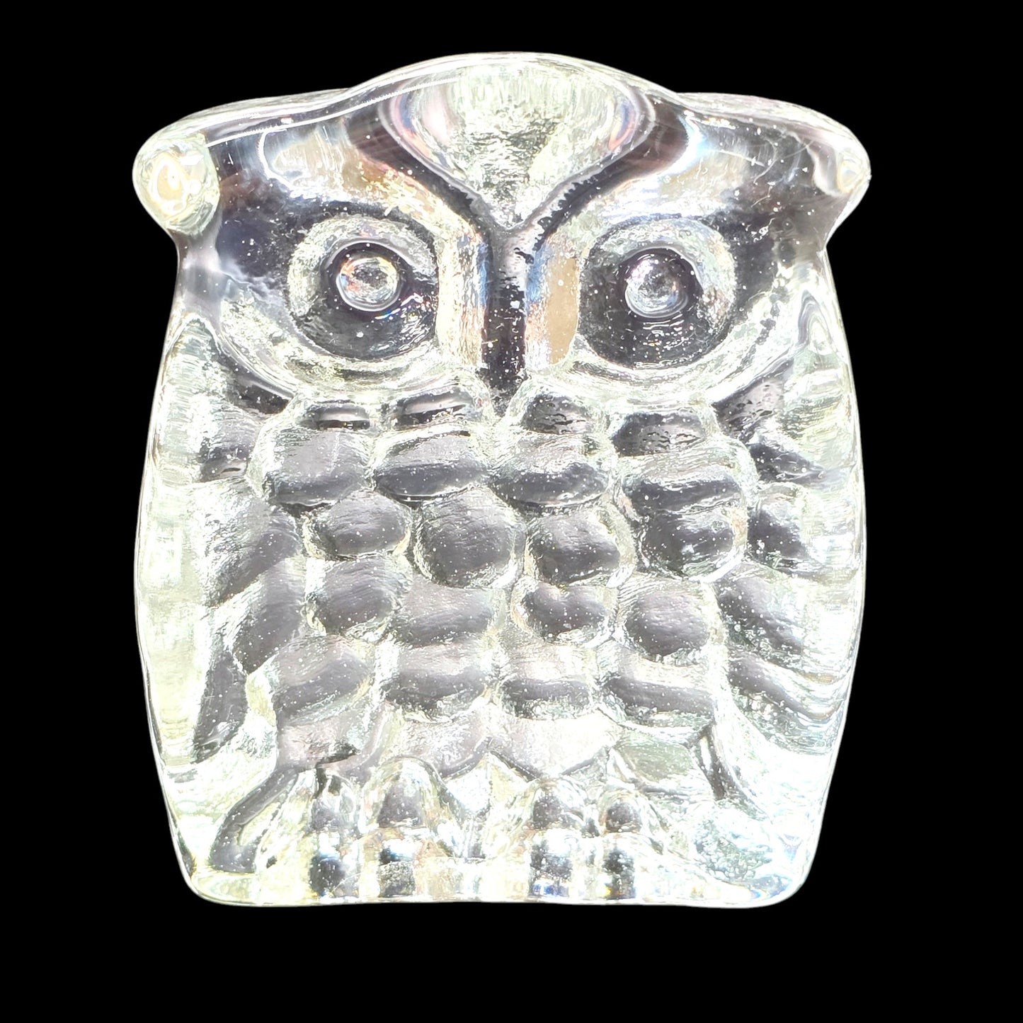 Clear Textured Art Glass Owl Paperweight Figurine