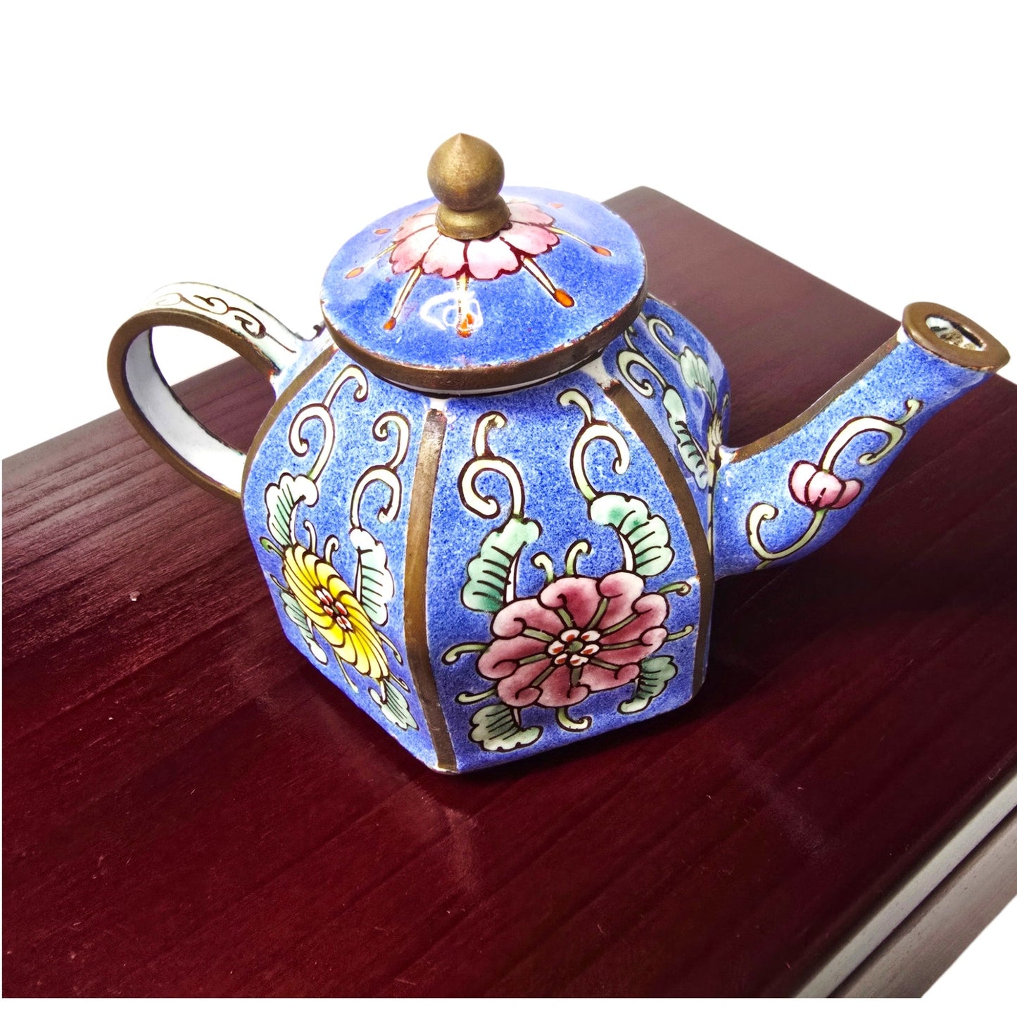 Vintage Miniature Cloisonné Enamel Teapot with Wooden Box - Lined Keepsake Set