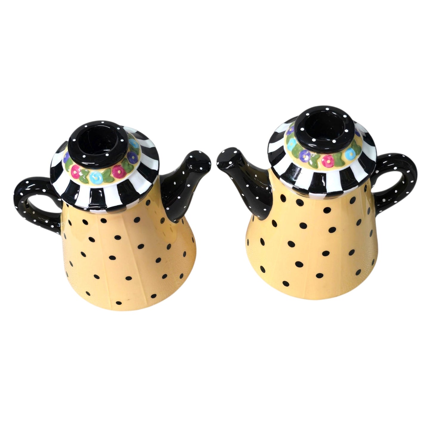 VTG 1998 Mary Engelbreit Yellow & Black Polk-A-Dot Teapot Candle Holders