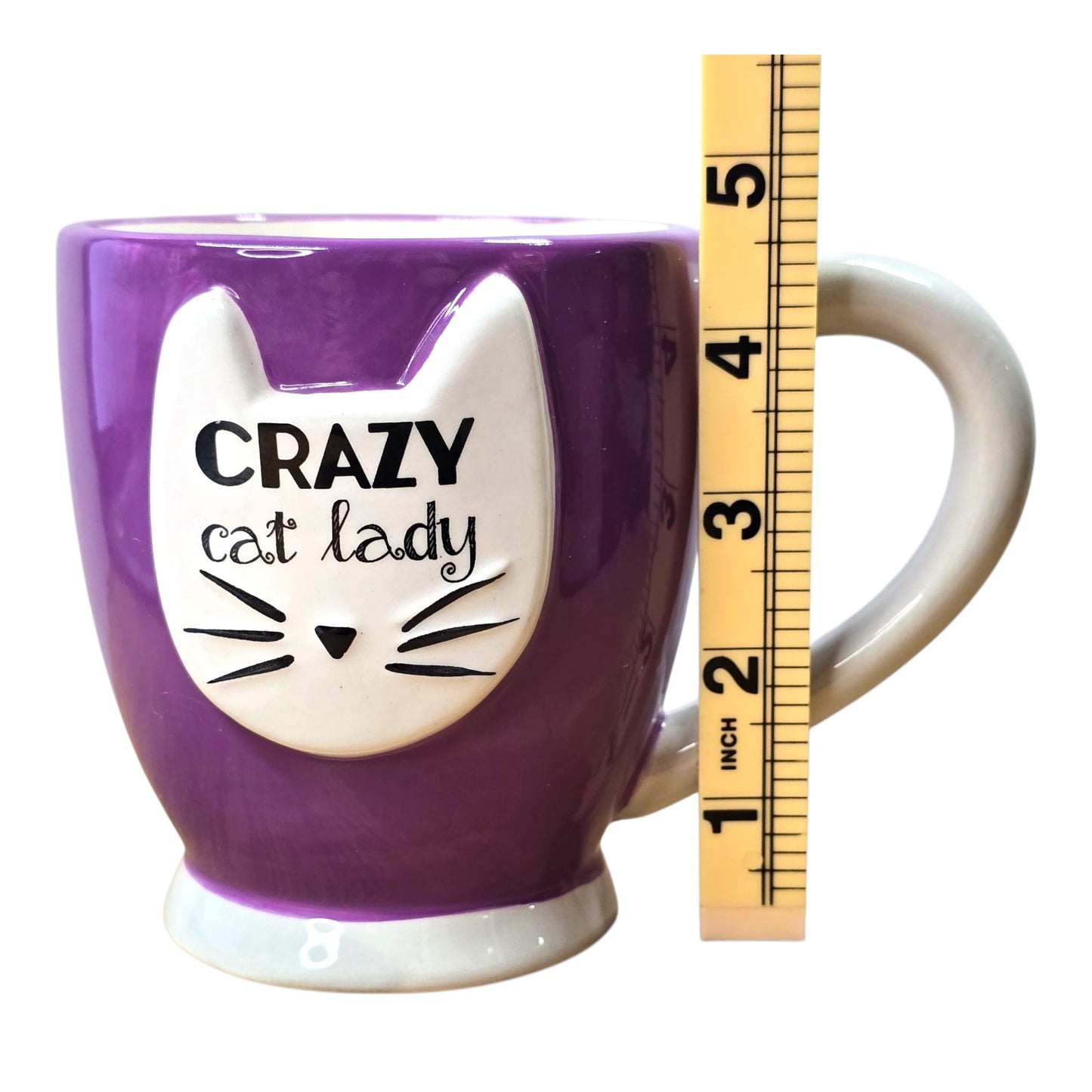 DEI Crazy Cat Lady Coffee Mug Purple Ceramic Novelty Cat Face Cup Collectible