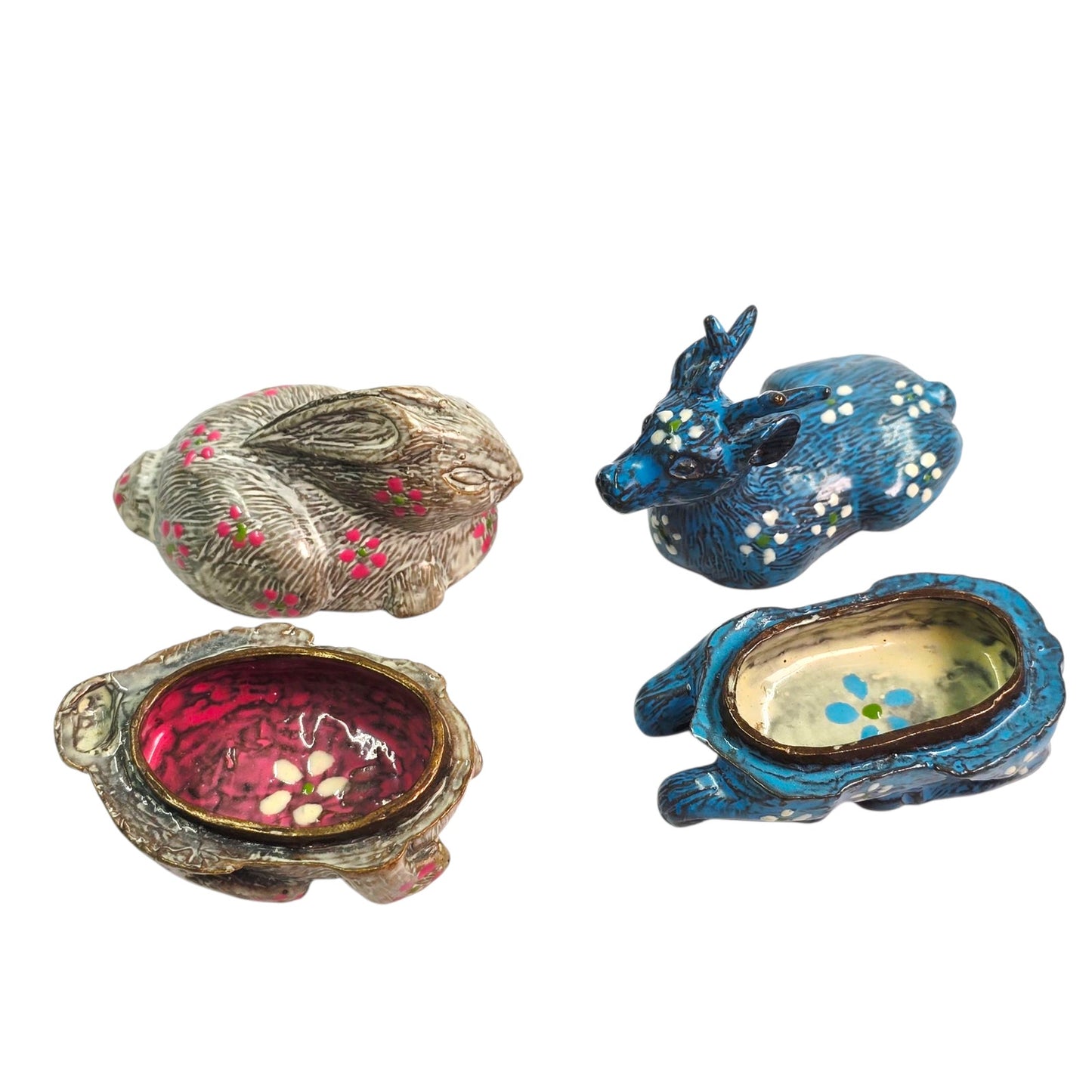 Set of 2 Cast Iron Trinket Boxes Handpainted Marked Thailand ILA Deer & Bunny🌸