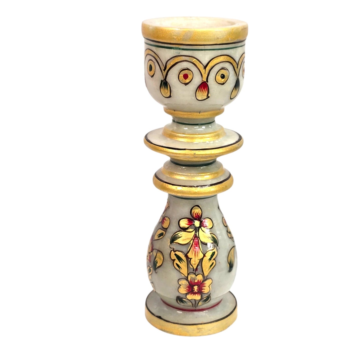 Vintage Indian Meenakari Marble Candle Holder Hand Painted Gold Accents 6"