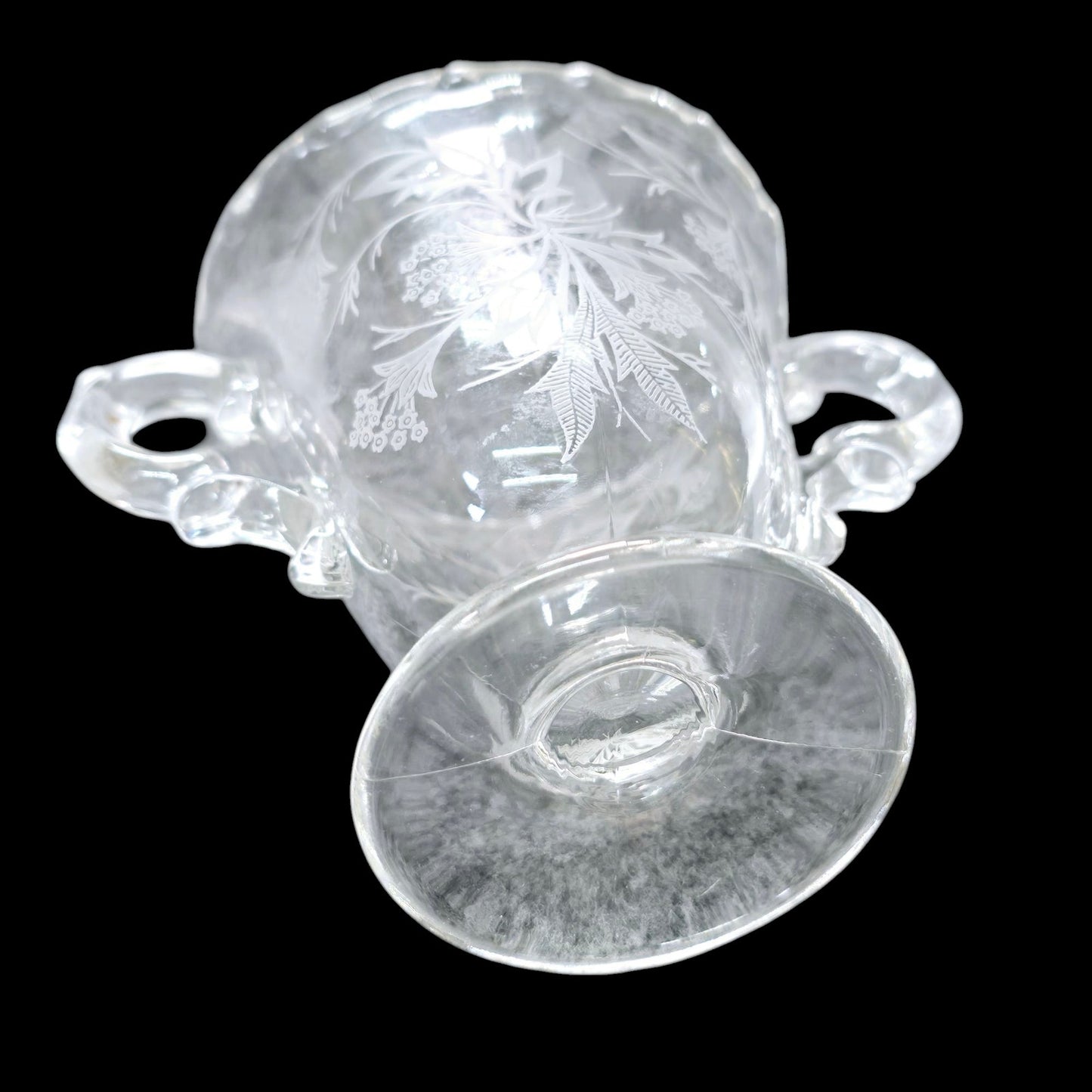 Vtg Fostoria Heather Glass Sugar Jar w/ Handles Baroque Style Floral Leaf Pattern
