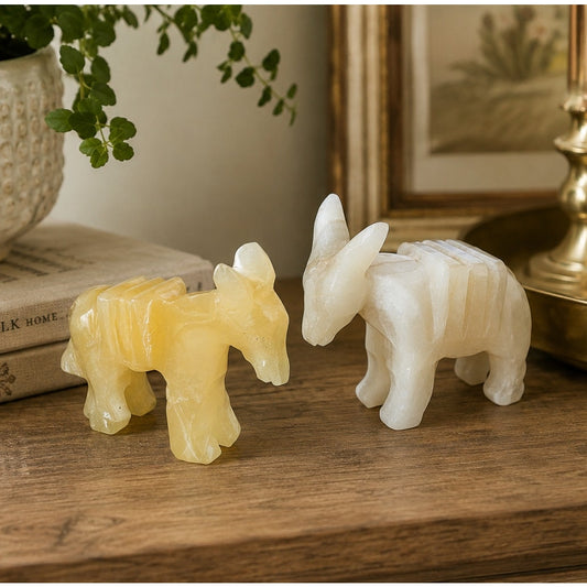 Vtg Carved Onyx Alabaster Donkey Figurines Pair UV Reactive Stone Nativity Piece
