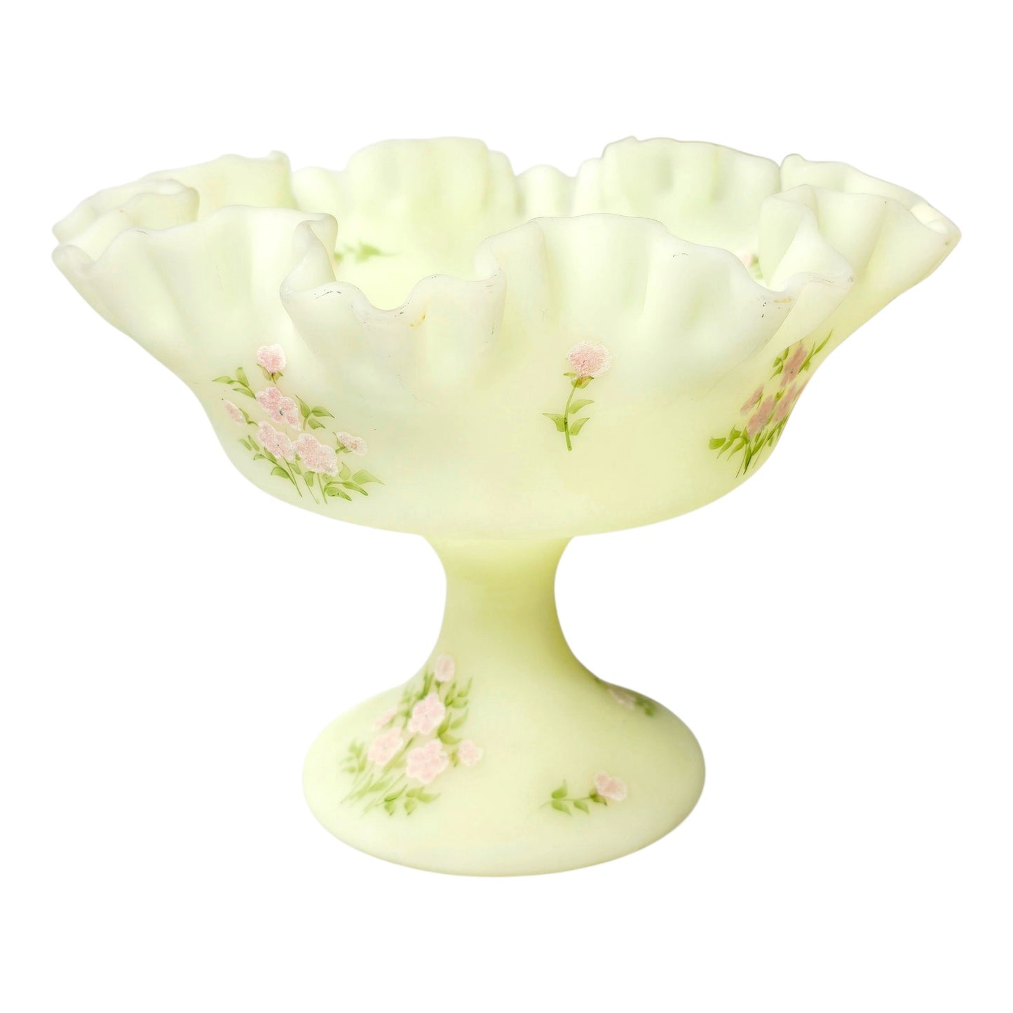 Fenton Custard Uranium Glass Compote Hand Painted Floral Strong Glow Signed