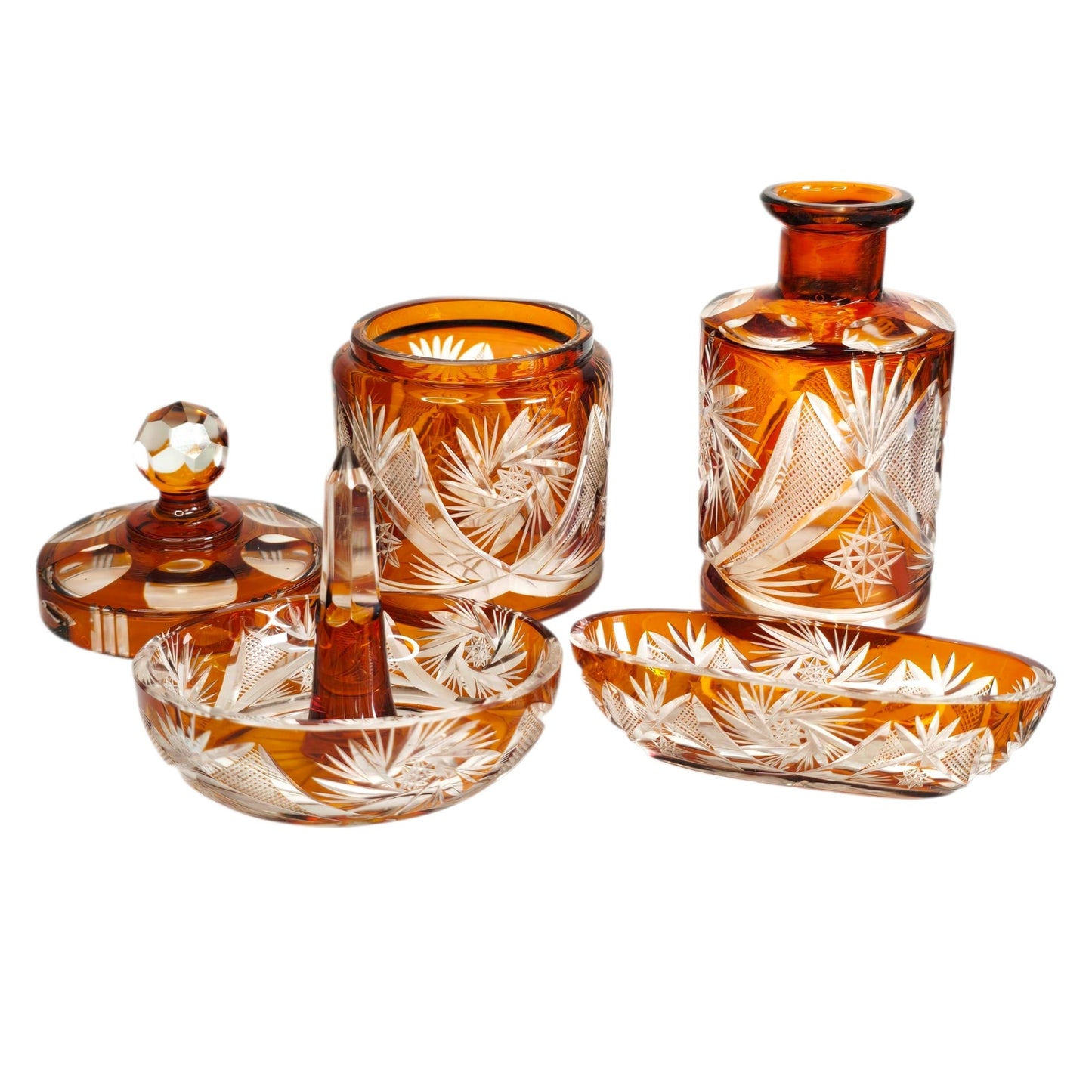 Vtg Amber Bohemian Cut Glass Vanity Set 5‑Piece Jewelry Dresser Set Orange-Brown