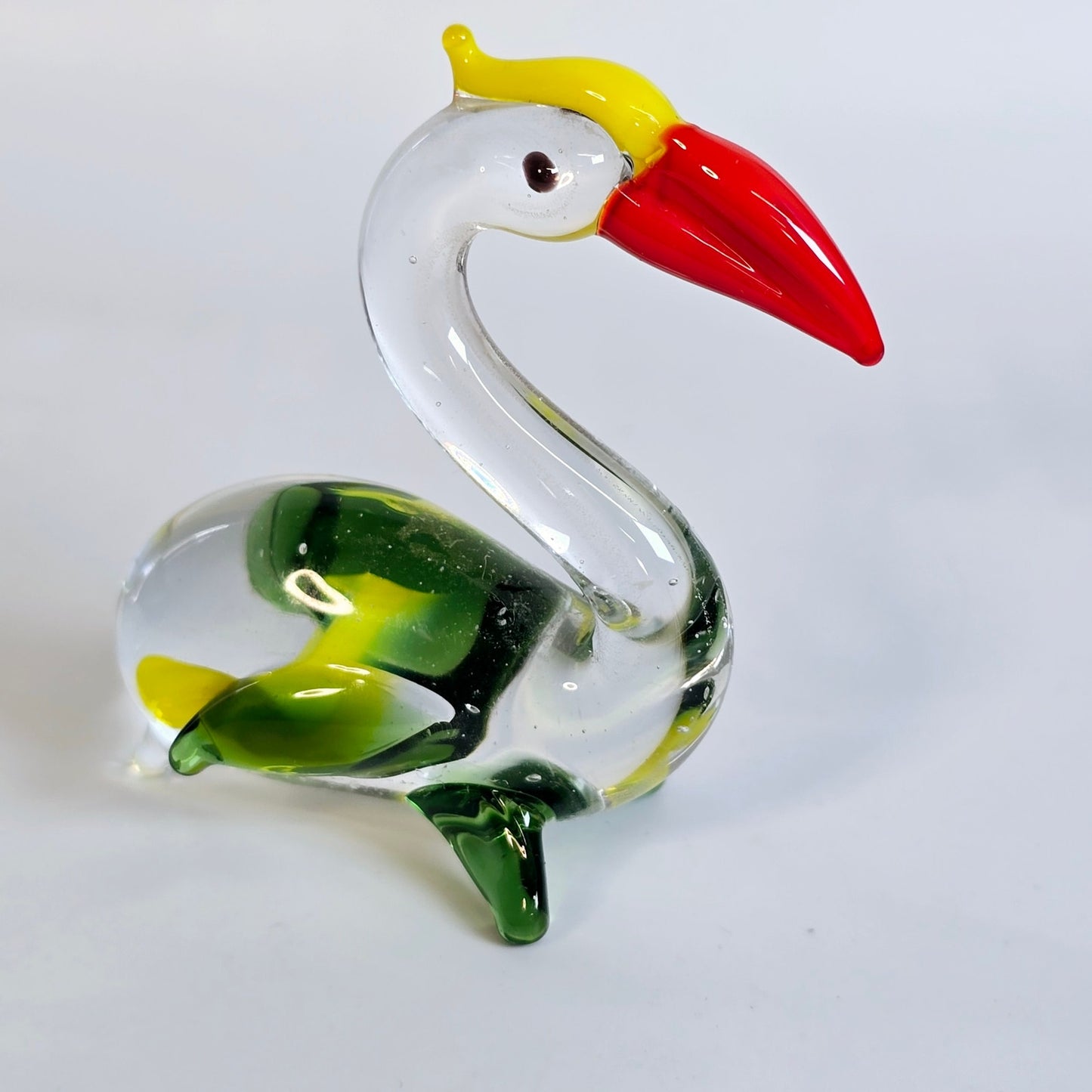 Handblown Blue Art Glass Pelican, Yellow, Orange and Green Stretch Glass Pelican Bird