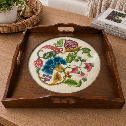 Vtg Wood Serving Tray Floral Crewel Embroidery Glass Insert Cottagecore Rustic