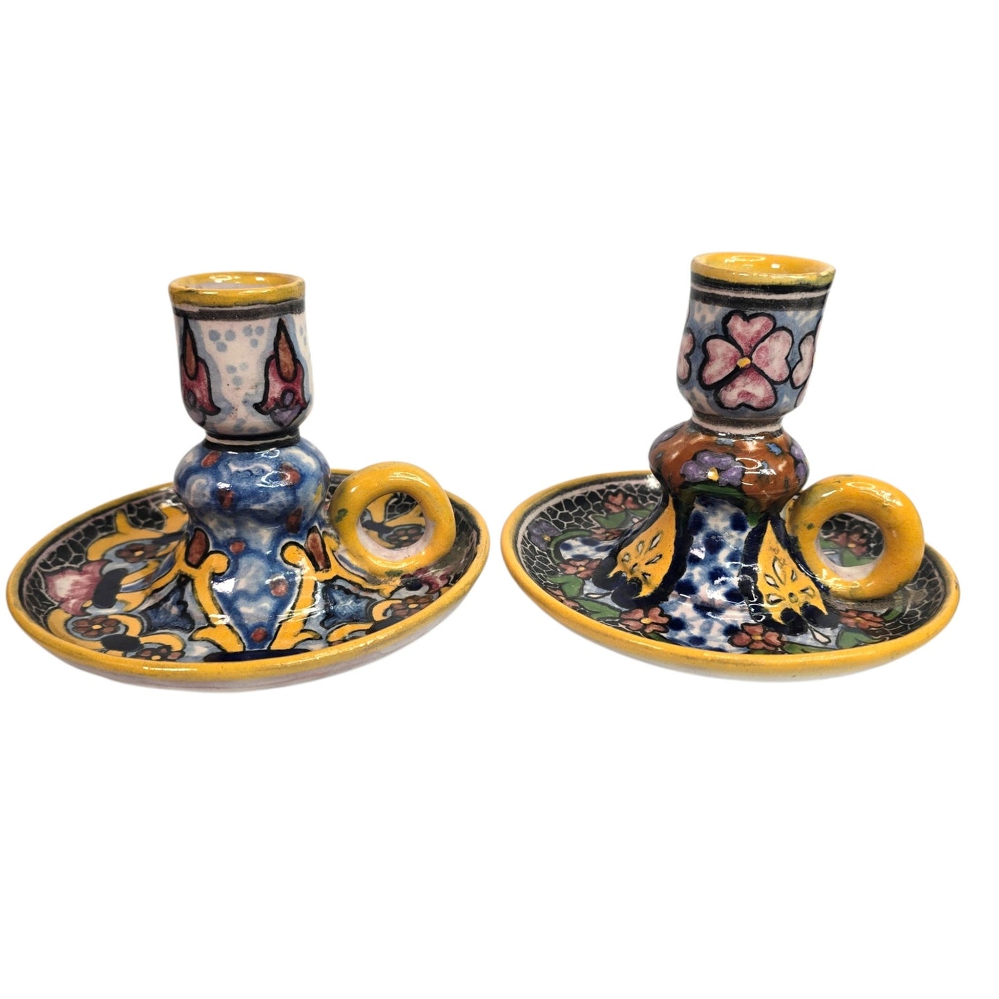 Vtg Casa Rugerio Puebla Mexico Talavera Candlesticks Pair Hand Painted Pottery