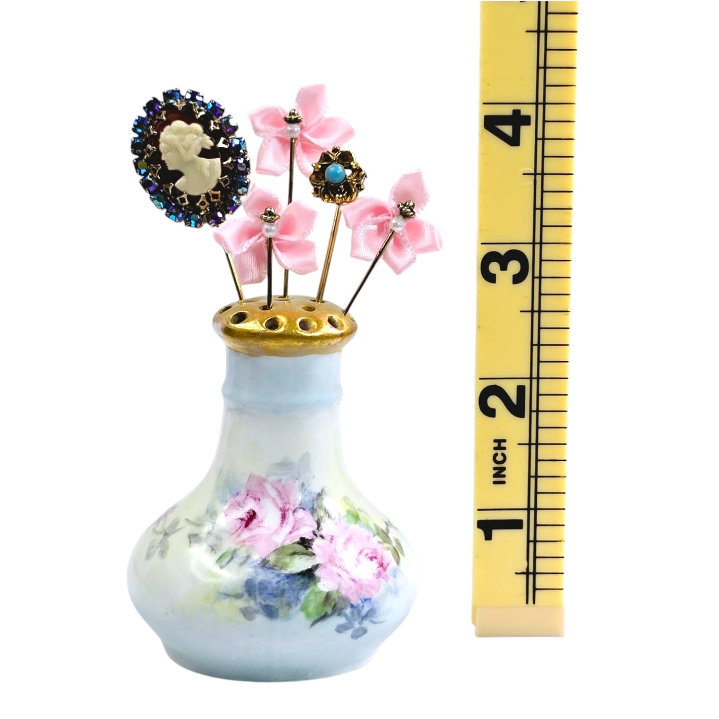 Vintage Hand-Painted Floral Powder Shaker Hat Pin Display