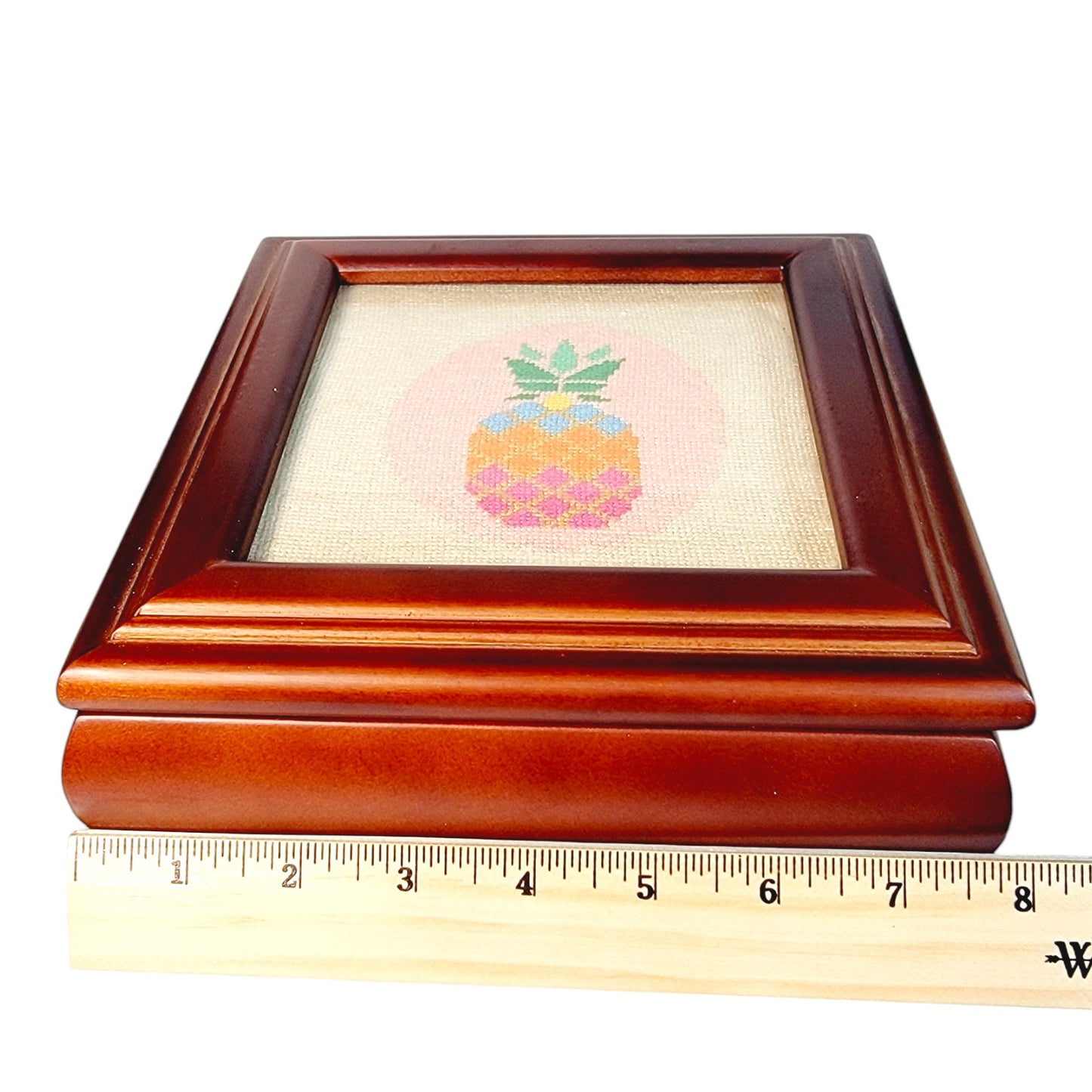 Lined Wooden Box with Hinged Lid with Framed Colorful Pineapple Cross-Stitch, Wooden Trinket Box