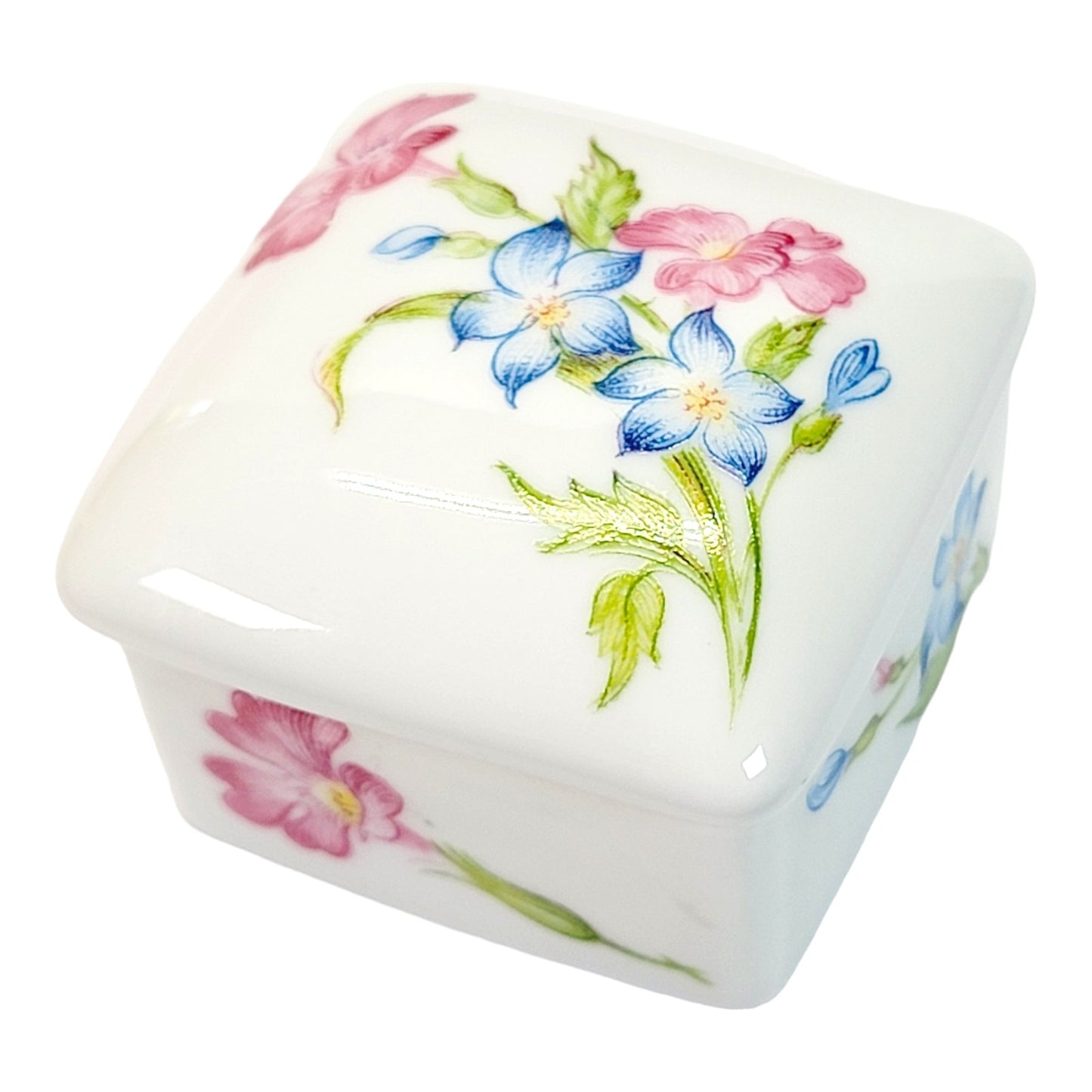 Small Trinket Box with Lid, Floral Pink and Blue Flowers, Marked Limoges