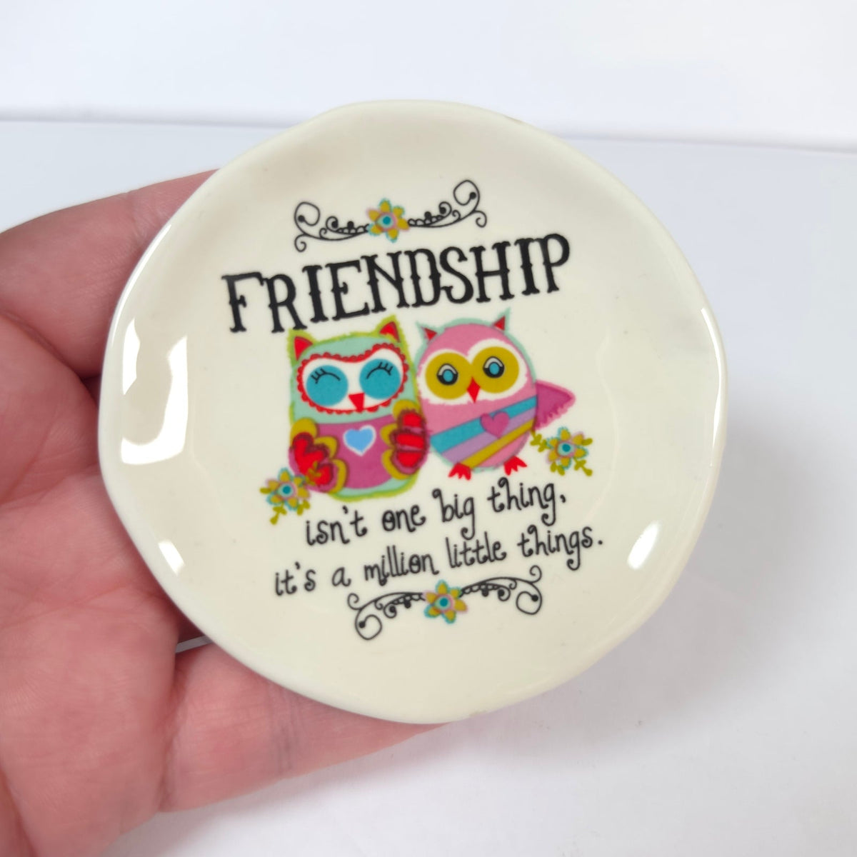 Natural Life Friendship Owls Ceramic Trinket Dish Ring Jewelry Tray 3 Inch