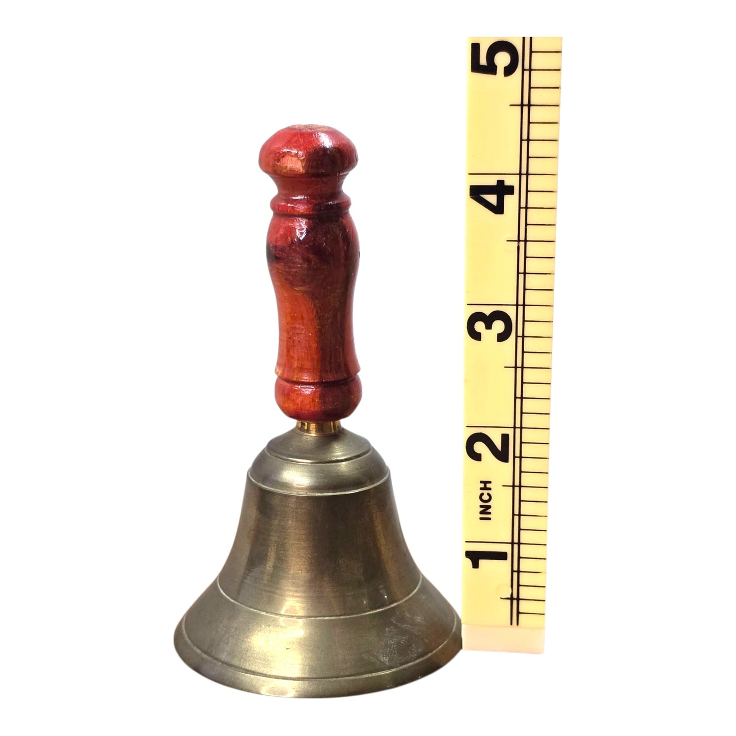 Vtg Brass Hand Bell Wooden Handle 4.5" Farmhouse School Service