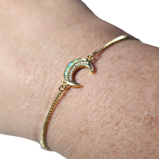 Faux Opal Rhinestone Crescent Moon Adjustable Bracelet