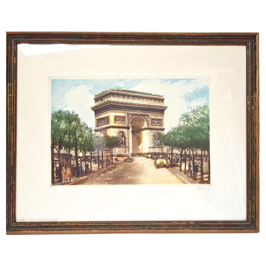 Signed Huberly Paris Scene HandColored Etching Arc de Triomphe Paris, France