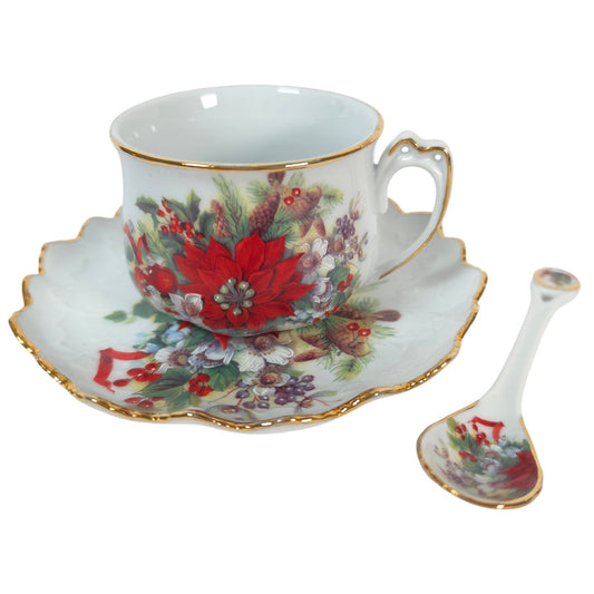 Lois White CreARTive Treasures Christmas Teacup Saucer Spoon Poinsettia