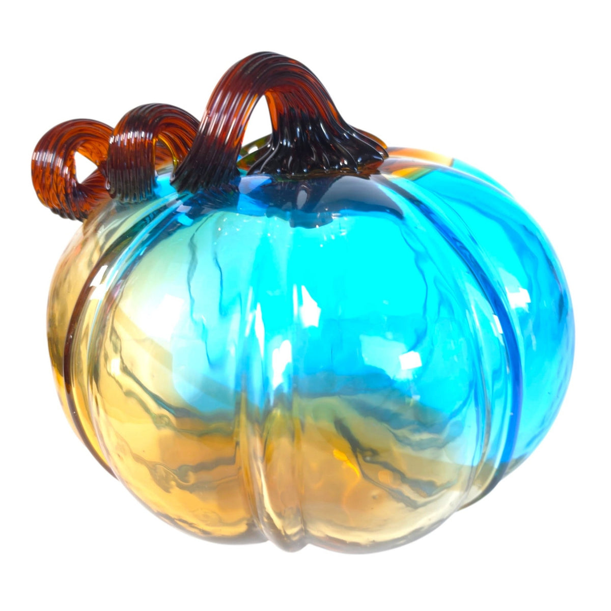 Hand Blown Art Glass Pumpkin Turquoise Blue Amber Brown Curly Stem Fall Decor