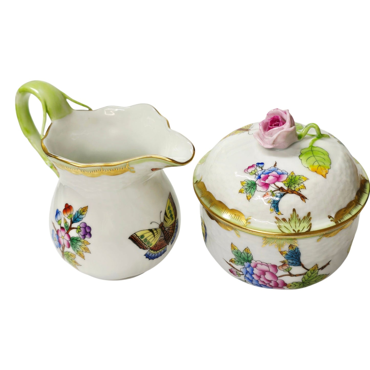 Herend Queen Victoria VBO 4-Pc Set - Pot, Tray, Creamer, Lidded Sugar - 24k Gold